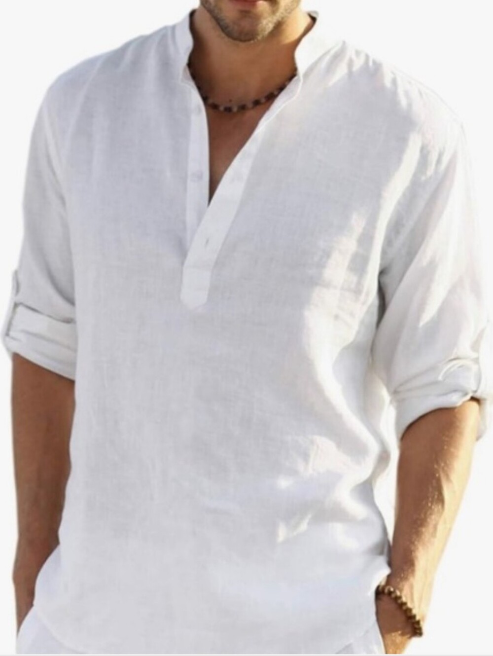 NWOT Coofandy Mens Cotton Hemp Shirt White Mandarin Collar Convertible Sleeve L